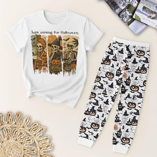 Discover Just Waiting For Halloween Pajama Set, Funny Skeleton Fall Sleepwear With Pumpkin, Spooky Loungewear For Holiday, Halloween Gift