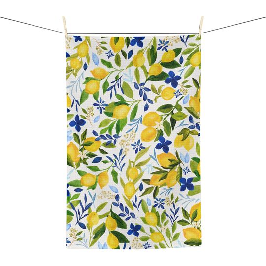 Discover Lemon Blue Tea Towel Mediterranean Kitchen Towel Coastal Dish Towel