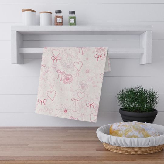 Discover Pink Kitchen Towel, Coquette Tea Towel, Pink Bows Floral Towel