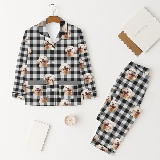 Discover Custom Dog And White Black Plaid Pajamas, Personalized Dog Face Nightwear Pajamas
