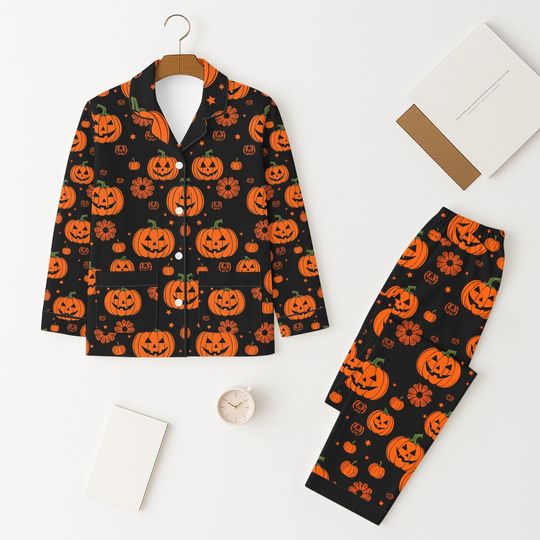 Discover Black Halloween Pumpkin Pajamas Set, Scary Pumpkin Face Pajamas