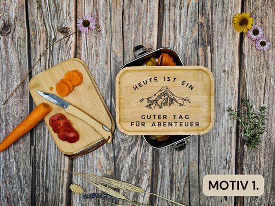 Discover Adventure Mountain Motif Personalized Stainless Steel Lunch Box with Bamboo