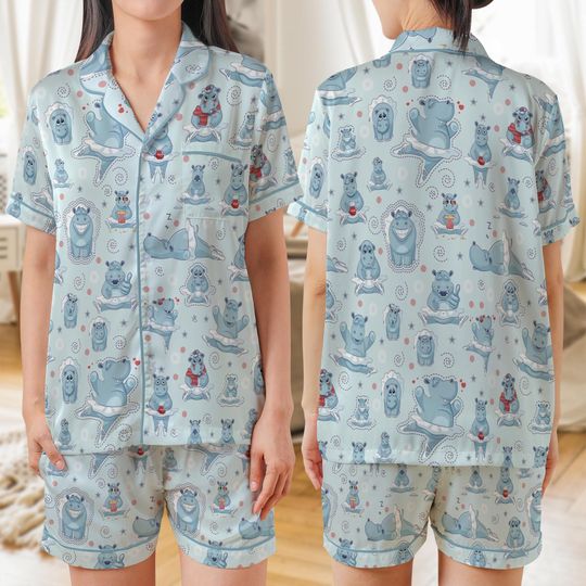 Discover Hippopotamus AOP Satin Short-Sleeve Pajamas Set, Cute Hippo Print Sleepwear for Women, Funny Animal Lover Loungewear Gift