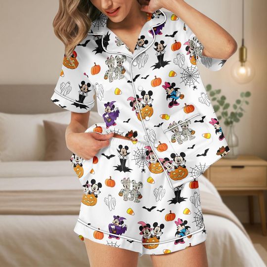 Discover Disneyyy Halloween Satin Pajamas Short, Mickeyy Minniee Skeleton Sleepwear, Ghost Pumpkin Sleepwear, Spooky Cute Loungewear, Gift For Her