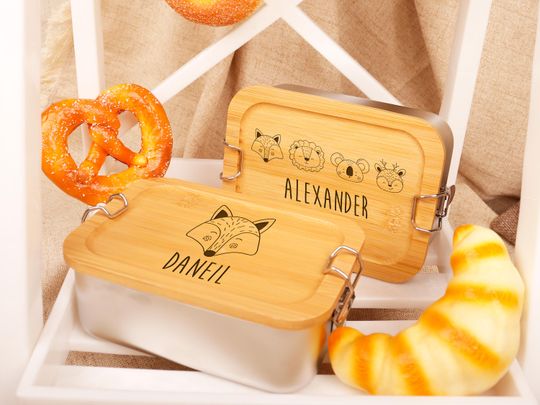 Discover Personalized  Lunch Box with Wooden Lid,Lunch Box for Kid,Food Stainless Steel Container,Custom Lunch Box with Name Animal,Back To School