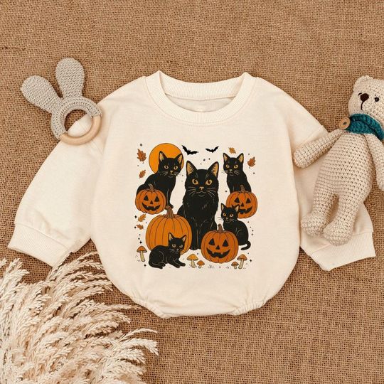 Discover Black Cat Pumpkin Baby Bodysuit, Halloween Cat Outfit for Babies