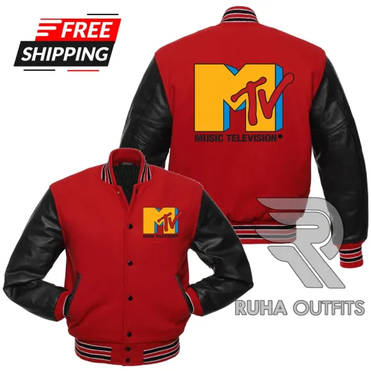 Discover 90s MTV Music Television Vintage Red Baseball Jacket