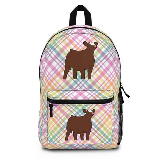 Discover Red Baldy Heifer on Pastel Plaid Backpack