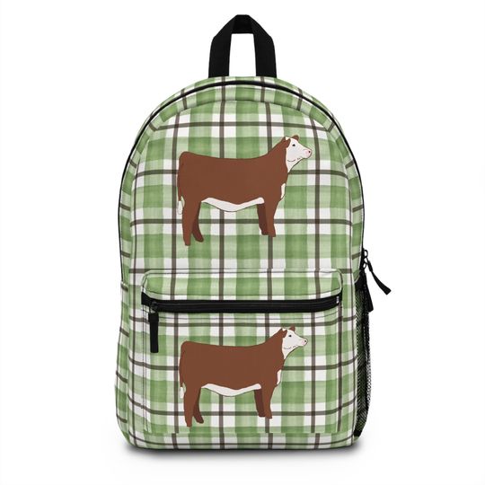 Discover Hereford Heifer with Green & Brown Plaid Backpack