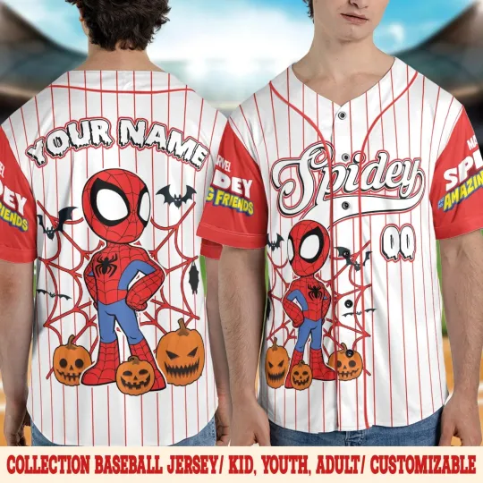 Discover Personalized spidey Superhero Halloween Spooky Season Baseball Jersey Shirt