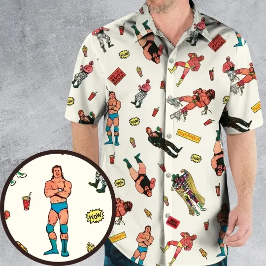 Discover Wrestling Superstars Hulk Hogan Macho Man Logos Hawaiian Shirt Casual Button