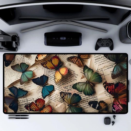 Discover Butterfly Aesthetic  Desk Mat, Boho Desk Mat with Colorful Butterflies & Antique Papers for Gamers