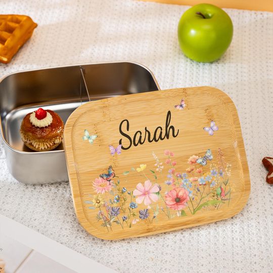 Discover Personalised Metal Lunch Box with Wooden Lid, Custom Stainless Steel Bread Boxes, School Dinner Box, Back to School Gifts f
