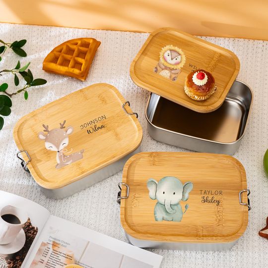 Discover Personalised Wooden Lid Lunch Box Children, Stainless Steel Lunch Box First Day of School Gifts