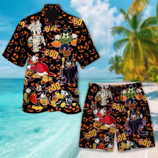 Discover Mickeyy mouse And Friend Cosplay Hawaiian Shirt, Halloween Party Hawaii Shirt, Cartoon All Over Print Button Up, Halloween Holiday Shirt