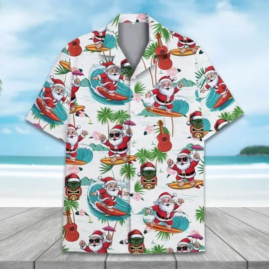 Discover Santa Surfing Hawaiian Shirt Unisex Funny Christmas In July Button Up