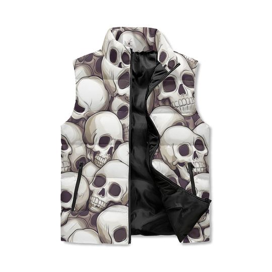 Discover Unisex Skull Puffer Vest Exclusive Skull Sleeveless Coat. Gift for Riders, Sleeveless Jacket for Halloween