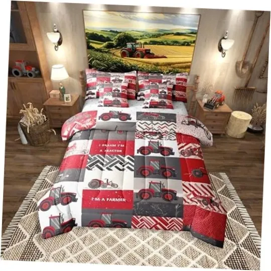 Discover Tractor Bedding Sets Red Cartoon Tractor Quilt with Queen Red Black