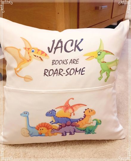 Discover Personalised Dinosaur reading Pocket Pillows