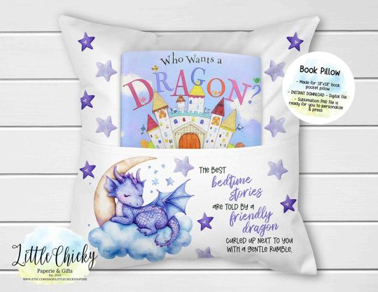 Discover Book Pocket Pillow - Dragon Book Pillow, Purple Baby Dragon Pillow