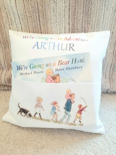 Discover Personalised Were going on a bear hunt reading cushion with book  pocket childs pillow