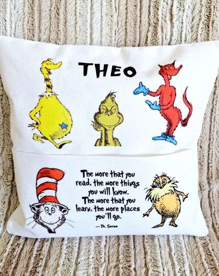 Discover Personalised reading cushion with Dr Suess book characters with pocket 40 cms book pillow
