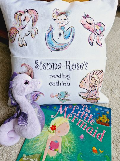 Discover Personalised mermaid unicorn reading cushion with seahorse soft toy and book gift set