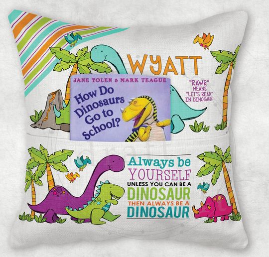 Discover DINOSAURS #2  Book Pillow Design  8"H Pocket  Rawr Means Let's Read in Sublimation File Design - png Files Digital Download