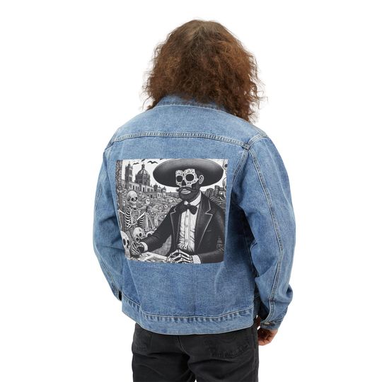 Discover Mexican Themed Denim Jacket, Men's Outerwear, Southwest Art Coat, Vintage Style Fashion, Ethnic Print Apparel