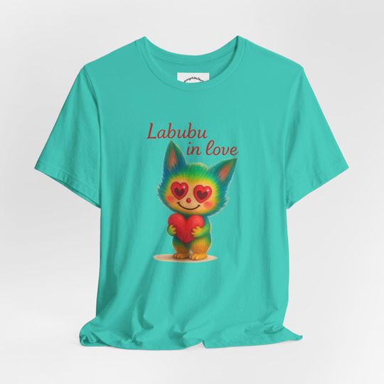 Discover Labubu in Love T-Shirt Cute Rainbow Furry Creature Holding Heart Cartoon Tee