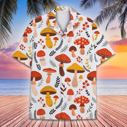 Discover Vintage Mushroom Hawaiian Shirt Men Women Youth, Colorful Fungi Aloha Shirt, Short Sleeve Button Down Summer Shirt, Retro Tropical Shirt