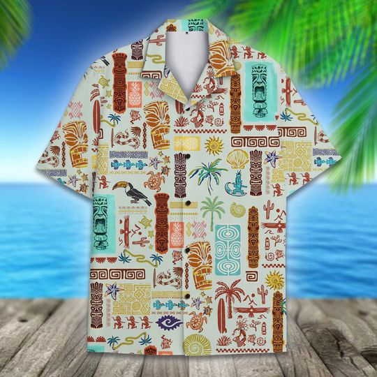 Discover Tiki Tribal Hawaiian Shirt Men Women Youth, Vintage Island Print Button Up Shirt, Luau Beach Vacation Shirt with Polynesian Symbols