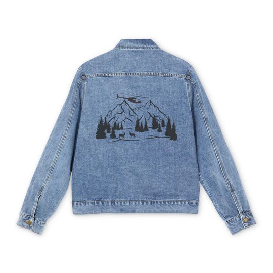 Discover Men's Denim Jacket with Mountain Helicopter Design, Casual Outerwear, Unisex Style, Gift for Him, Trendy Layering, Perfect for All Seasons