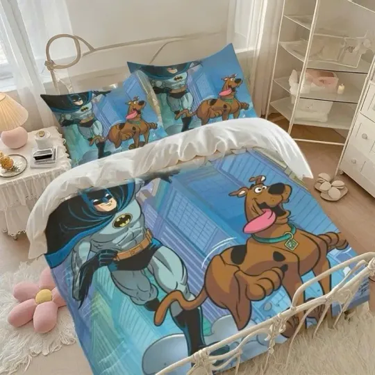 Discover Funny Scooby Doo And Batman Running Away Cartoon Dog & Superhero Bedding Set