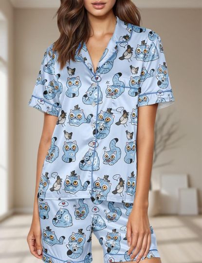 Discover Demon Tiger Satin Pajama Set, Cute Blue Tiger Satin
