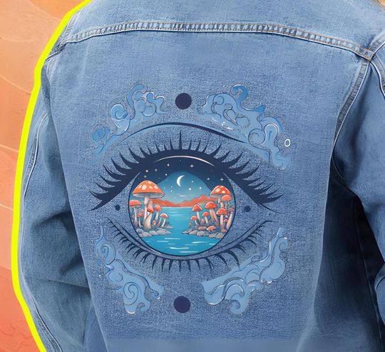 Discover Mushrooms Graphic Denim Jacket, Mystic Eye Mushroom Denim Jacket