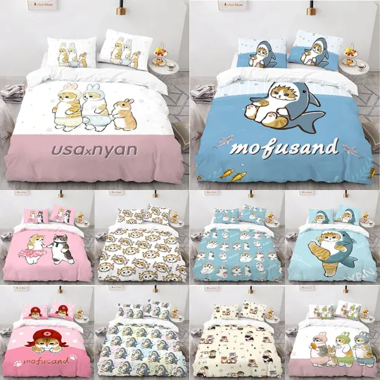 Discover Tempura Shark Cat Duvet Cover Pillowcase Mofusand Anime Shark Cat Bedding Set