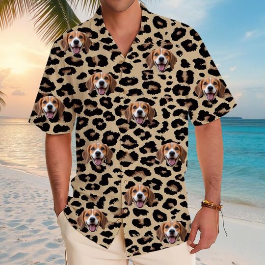 Discover Personalized Photo Hawaiian Shirt Custom Dog Cat Face Holiday Tropical Pattern Shirt for Men Women Birthday Bachelor Party Gift Summer Gift