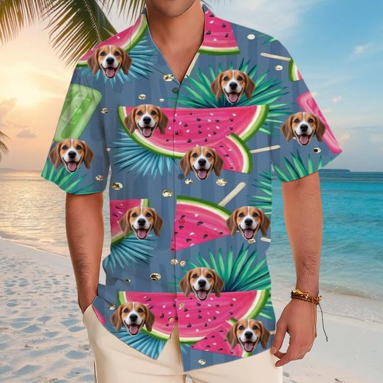 Discover Personalized Photo Hawaiian Shirt Custom Dog Cat Face Holiday Tropical Pattern Shirt for Men Women Birthday Bachelor Party Gift Summer Gift