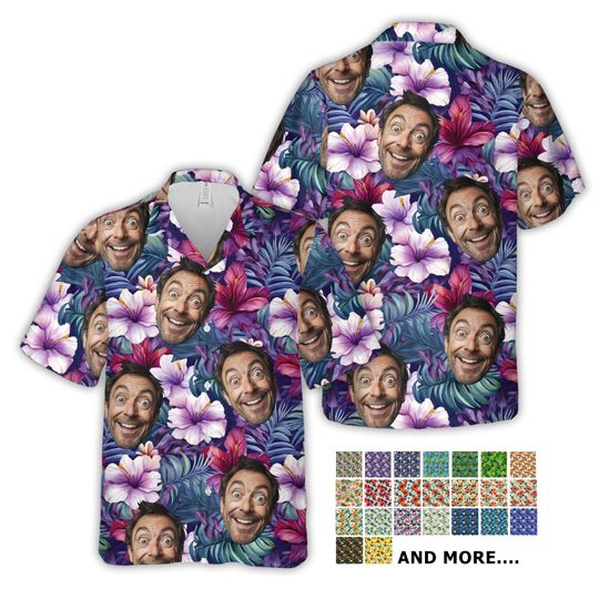 Discover Personalized Tropical Pattern Hawaiian Shirt With Face, Custom Photo Summer Vacation Button Up Shirt, Funny Summer Aloha Shirt