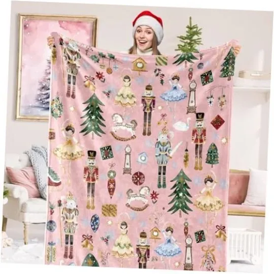 Discover Christmas Fuzzy Blanket Pink Nutcracker Throw Blanket