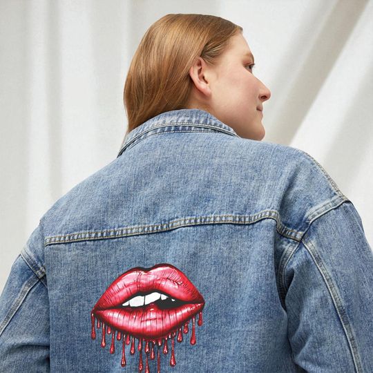 Discover Stylish Women's Denim Jacket with Bold Lip, Gift for Her