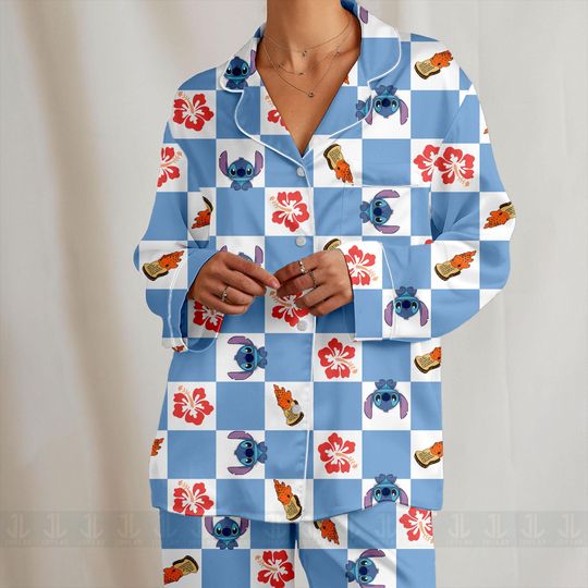 Discover Stitchh Ohana Pudge Aloha Checkeredboard Unisex Satin Pajamas Set, Spooky Season Pajamas , Long Sleeve And Short Styles