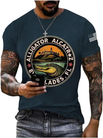 Discover Men's Retro Alligator Alcatraz Funny Florida Everglades Dark Humor Patoitic Crewneck Shirt