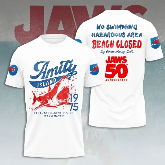 Discover NEW!! Jaws 3D Amity Island 1975-2025 50th Anniversary T-shirt