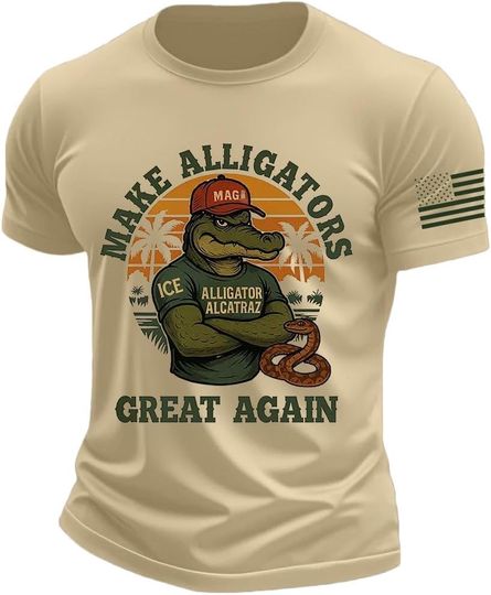 Discover Men's Retro Alligator Alcatraz Shirts Funny Everglades Dark Humor Short Sleeve Crewneck America Flag Tee Tops