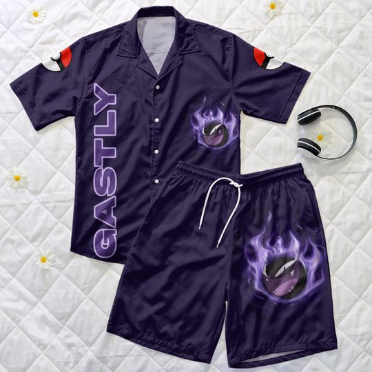Discover Gastly Hawaiian Shirt & Summer Beach Shorts Matching Outfit, Spooky Ghost Type