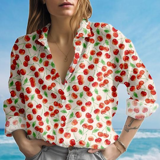 Discover Cherry Blouse Shirt, Red Cherry Women Shirt, Red Fruit Casual Shirt, Summer Cute Shirt, Women Cottagecore Shirt, Birthday Gift For Her