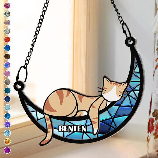 Discover Sleeping Cat On Moon - Personalized Window Hanging Suncatcher Ornament