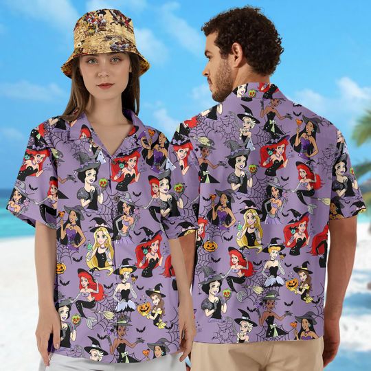 Discover Disneyyy Princess Halloween Hawaiian Shirt, Arielll Snoww Whitee Rapunzell Cinde Halloween Hawaii Shirt, Princess Halloween Button Up Shirt